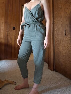 Olive V-Neck Tie-Waist Jumpsuit